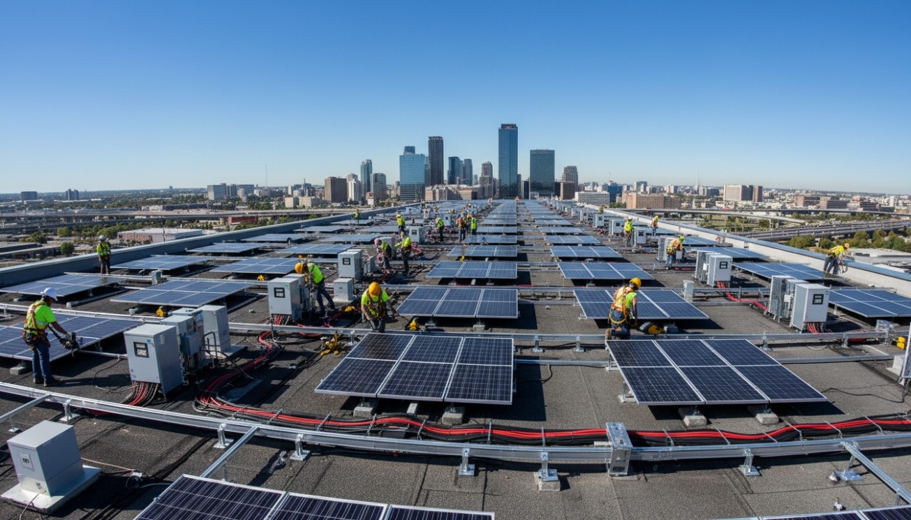 Commercial rooftop solar installation with PV modules inverters wiring and mounting systems showing BOS cost factors